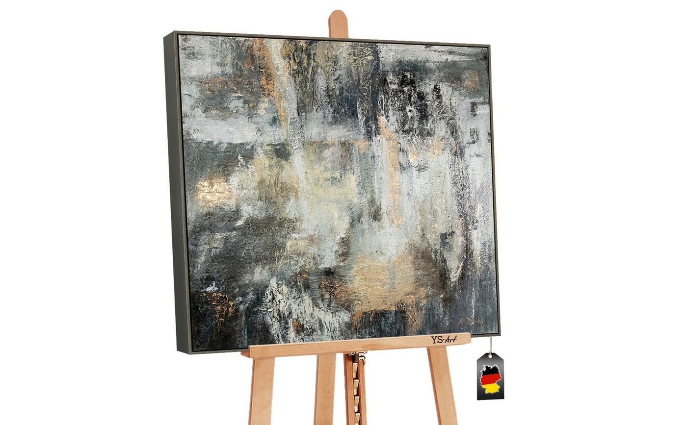 YS-Art Gemälde Schwerelosigkeit, Leinwand Bild Handgemalt Abstrakt Gold Schwarz Quadratisch mit Rahmen von YS-Art