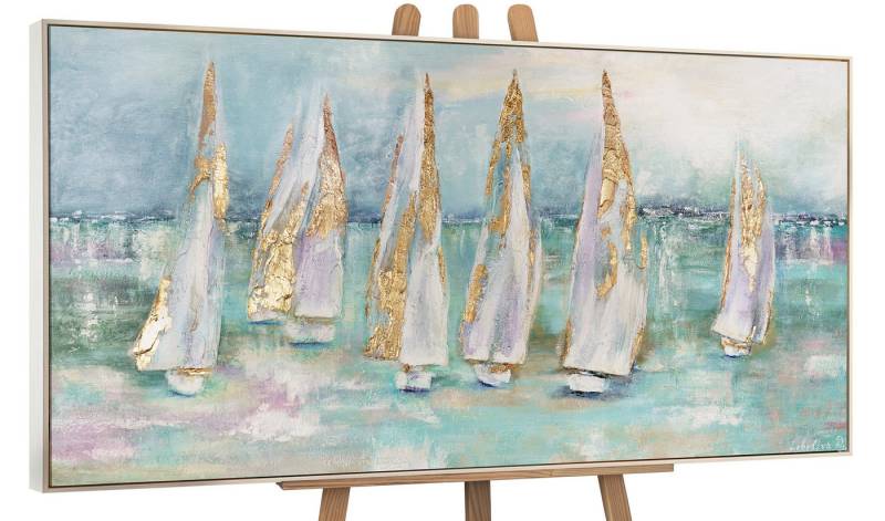 YS-Art Gemälde Segelboote, Meer, Leinwand Bild Handgemalt Segelboote am Meer Türkis Gold von YS-Art