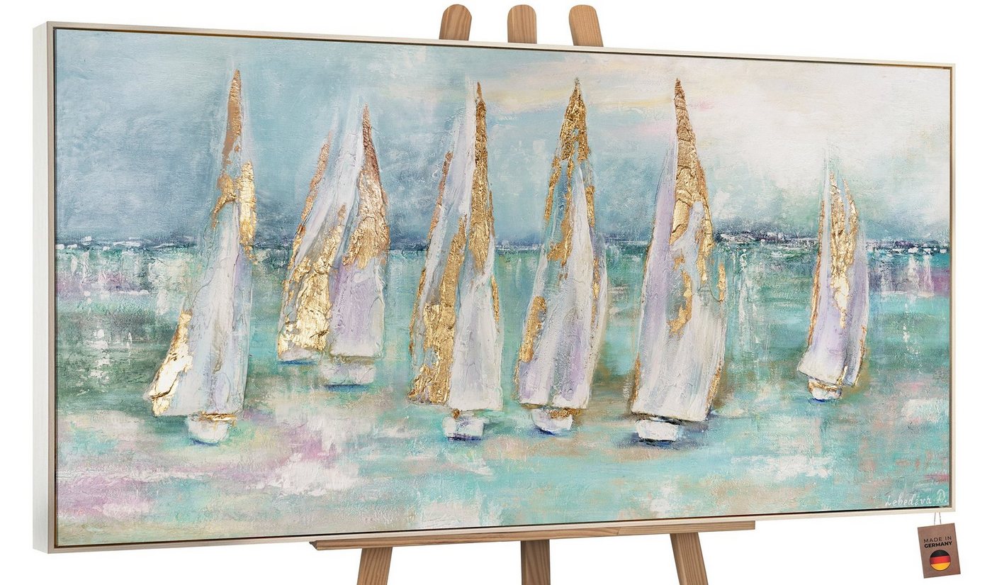 YS-Art Gemälde Segelboote, Meer, Leinwand Bild Handgemalt Segelboote am Meer Türkis Gold von YS-Art
