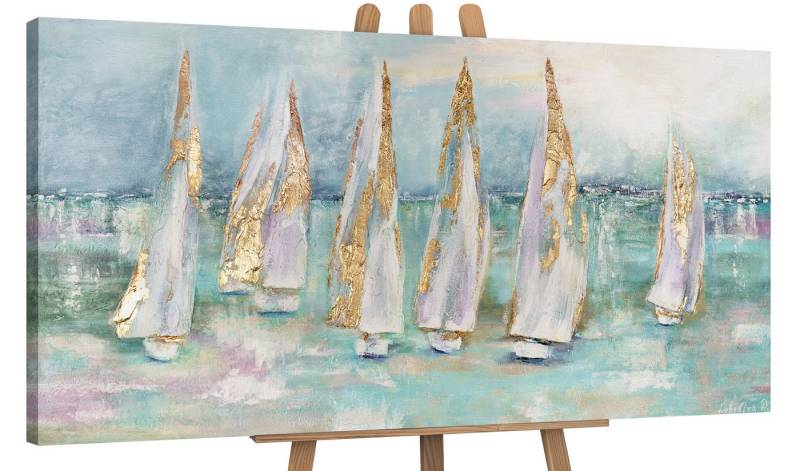 YS-Art Gemälde Segelboote, Meer, Leinwand Bild Handgemalt Segelboote am Meer Türkis Gold von YS-Art