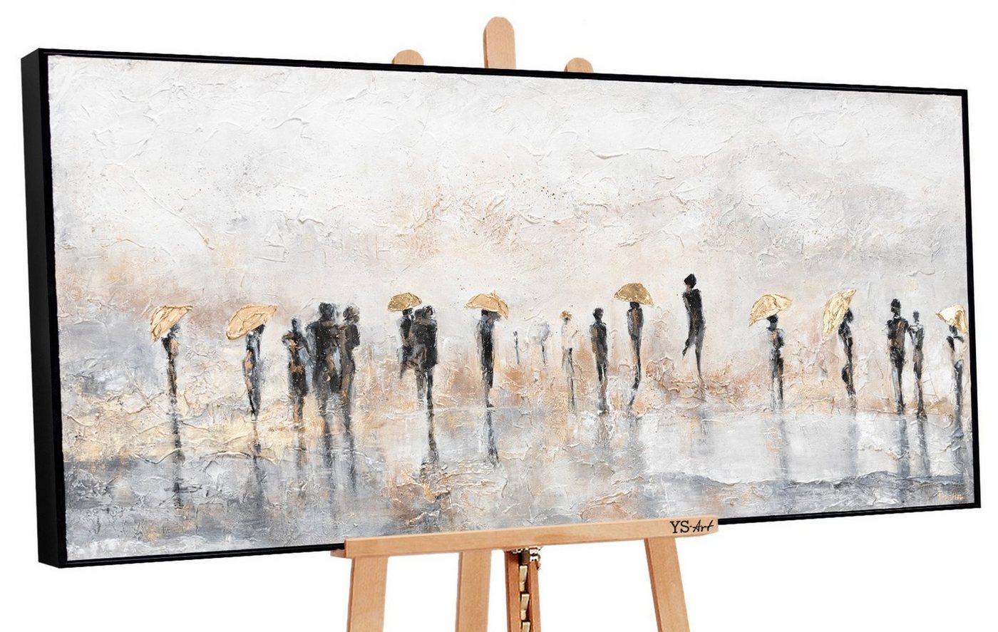 YS-Art Gemälde Sommerregen, Leinwand Bild Handgemalt Menschen Regenschirm Gold mit Rahmen von YS-Art