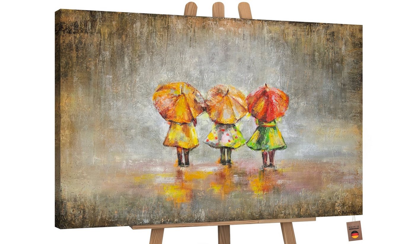 YS-Art Gemälde Sommerregen, Menschen, Kinder mit Regenschirm Leinwand Bild Handgemalt Kinderzimmer von YS-Art