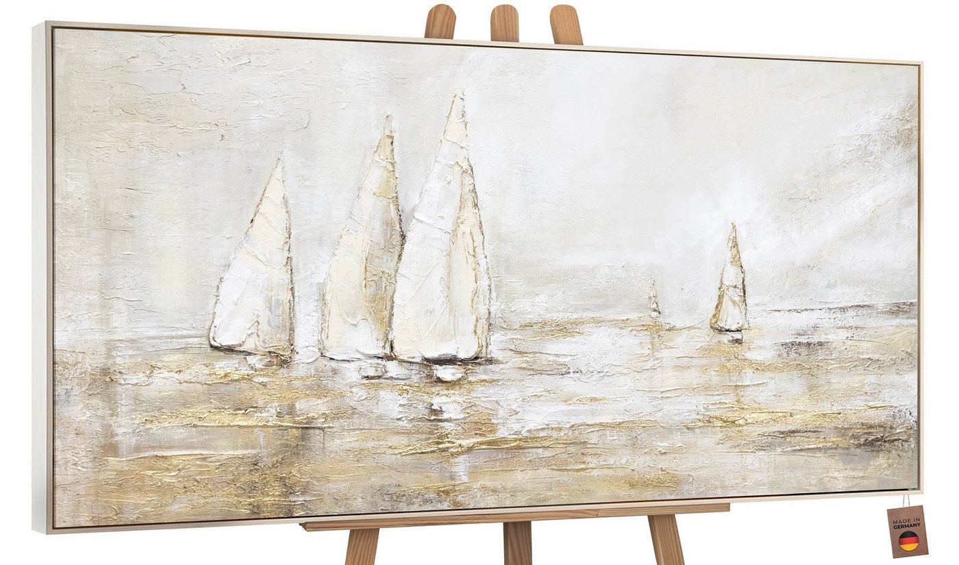 YS-Art Gemälde Sonnenblendung, Landschaftsbilder, Gold Segelboote Meer Wasser Leinwand Bild Handgemalt von YS-Art