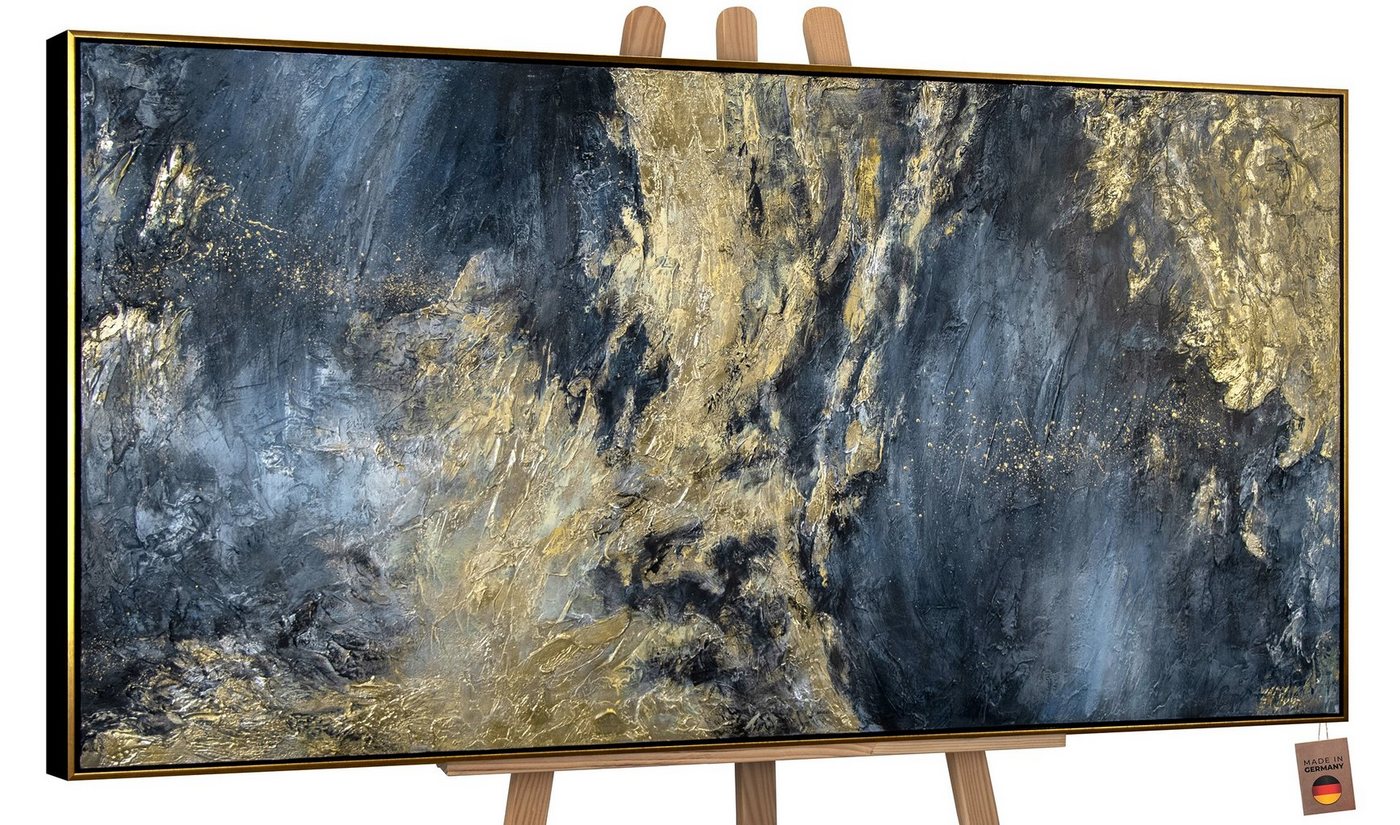 YS-Art Gemälde Spiegelungen II, Leinwandbild Abstrakt in Blau und Gold mit Rahmen von YS-Art