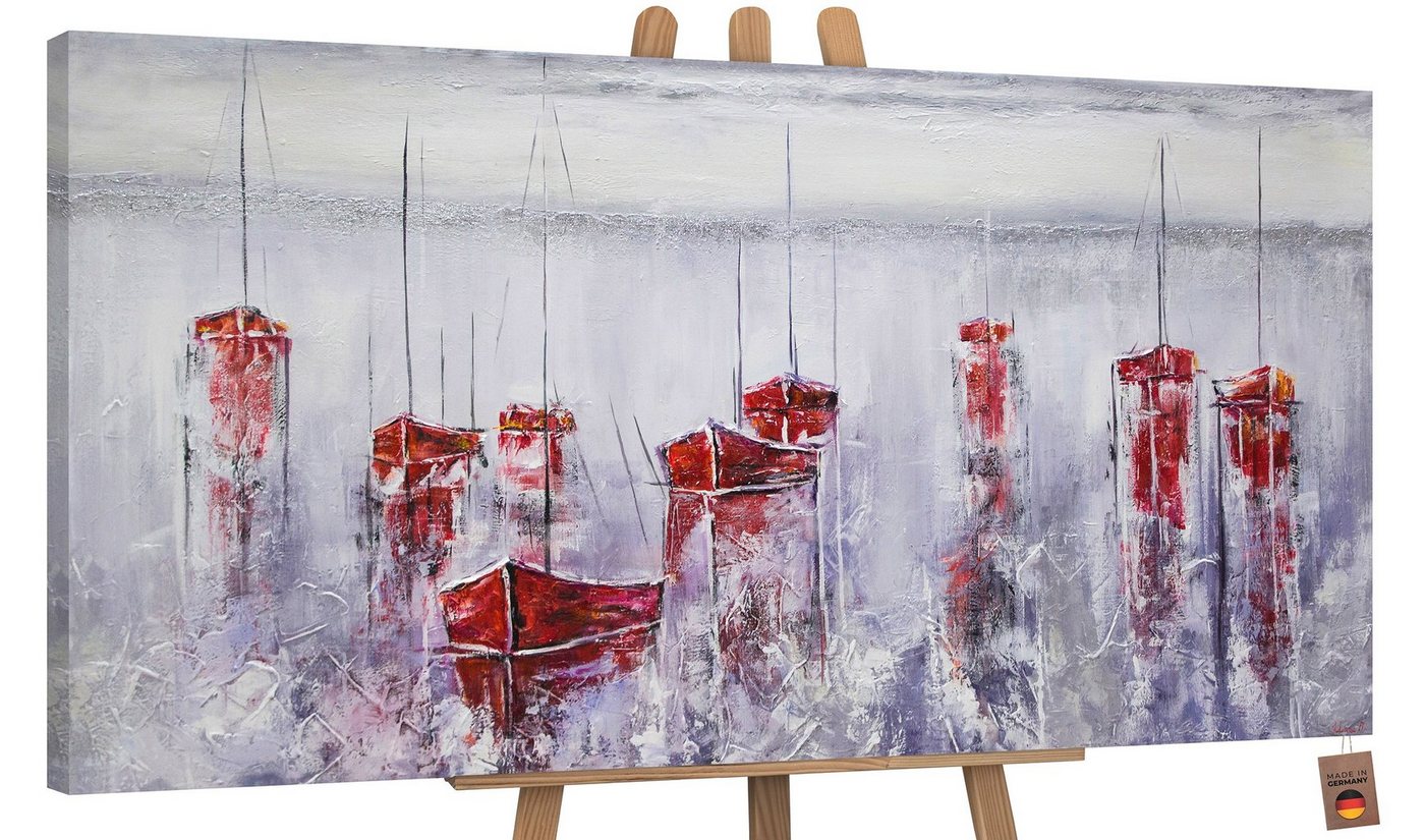 YS-Art Gemälde Stiller Hafen, Landschaft, Leinwand Bild Handgemalt Segelboote Meer Rot Blau Hafen von YS-Art