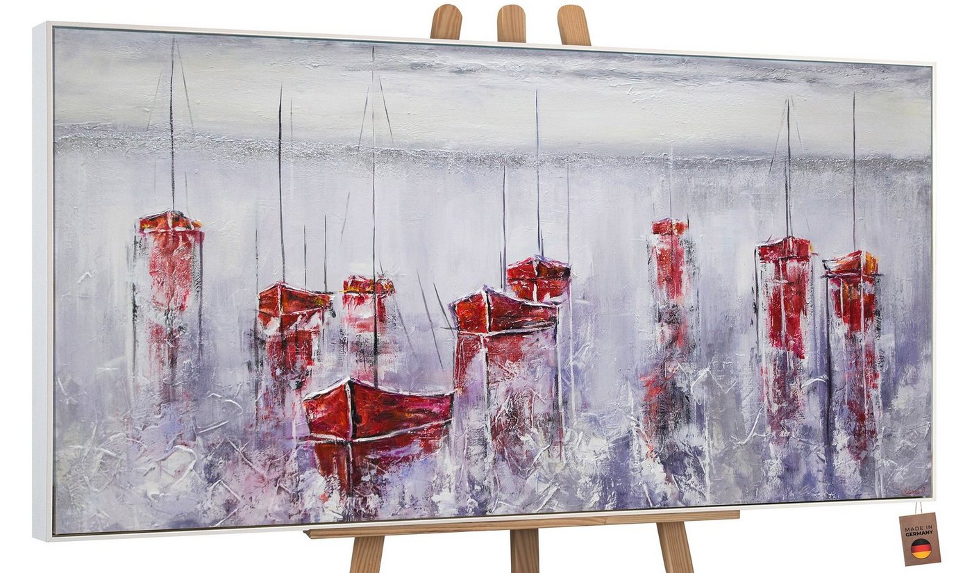 YS-Art Gemälde Stiller Hafen, Landschaft, Leinwand Bild Handgemalt Segelboote Meer Rot Blau Hafen von YS-Art