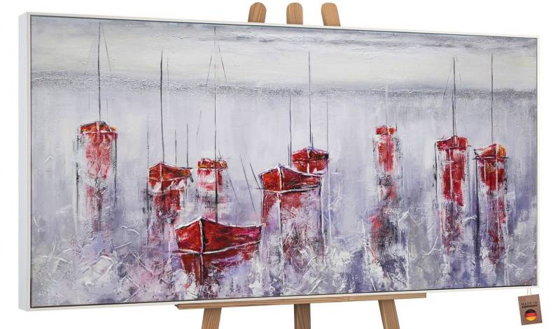 YS-Art Gemälde Stiller Hafen, Landschaft, Leinwand Bild Handgemalt Segelboote Meer Rot Blau Hafen von YS-Art