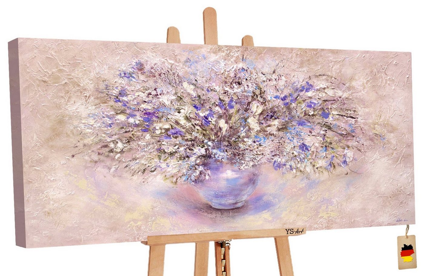 YS-Art Gemälde Stillleben, Blumen, Blumen Vase auf Leinwand Bild Handgemalt Lila Weiß Beige von YS-Art