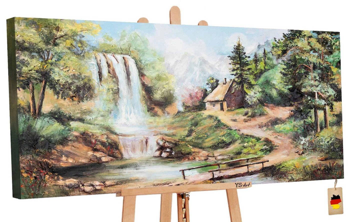 YS-Art Gemälde Wasserfall, Landschaftsbilder, Dorf Leben Wasserfall Bach Leinwand Bild Handgemalt Hütte von YS-Art