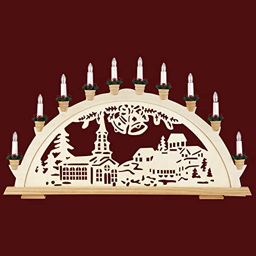 XL Schwibbogen Lichterbogen Leuchter Dorf & Glocken ca. 70 cm lang traditionelles Motiv 10flammig Weihnachten Advent Geschenk Dekoration (10769L) von YS
