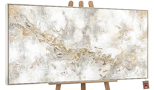 YS-Art Luxus Abstrakt Acryl Gemälde auf Leinwand Geschichte handgemalt Wandbilder Wohnzimmer modern Wohndekor Bilder Büro Gold Grau Beige echte Kunst mit Rahmen 200x100 cm von YS