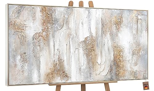 YS-Art Abstrakt Design Acryl Gemälde auf Leinwand Philosophie handgemalt Wandbilder Wohnzimmer modern Wohndekor Bilder Büro Gold Grau echtes Kunstwerk mit Rahmen 160x80 cm von YS