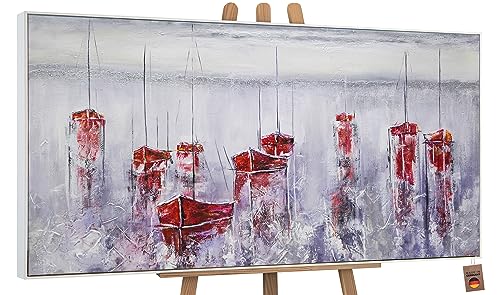 YS-Art Abstrakt Acryl Gemälde auf Leinwand handgemalt Stiller Hafen Wandbilder Wohnzimmer moderne Segelboote im Wasser Wohndekor Bilder echte Kunst mit Rahmen 120x60 cm von YS