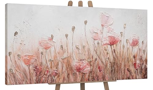 YS-Art Abstrakt Acryl Gemälde auf Leinwand April handgemalt Wandbilder Wohnzimmer modern Wohndekor Bilder Büro Praxis Beige Mohn Blumen echte Kunst 120x60 cm von YS