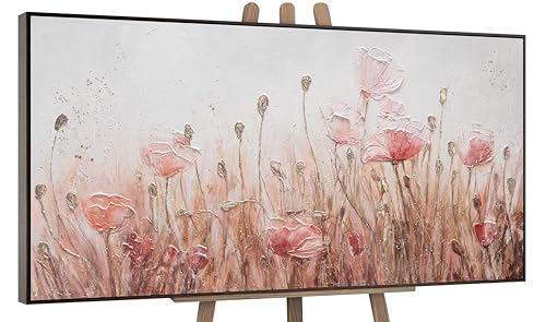 YS-Art Abstrakt Acryl Gemälde auf Leinwand April handgemalt Wandbilder Wohnzimmer modern Wohndekor Bilder Büro Praxis Beige Mohn Blumen echte Kunst mit Rahmen 200x100 cm von YS