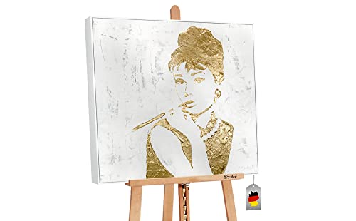 YS-Art Abstrakt Acryl Gemälde auf Leinwand Audrey Hepburn handgemalt Wandbild Wohnzimmer modern Wohndekor Bild weiß gold Künstlerin Marina Julinski 80x80 cm von YS