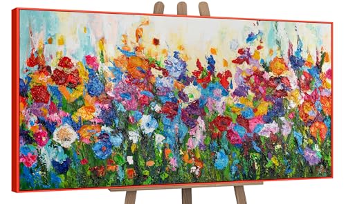 YS-Art Abstrakt Acryl Gemälde auf Leinwand Blumige Farben handgemalt Wandbilder Wohnzimmer modern Wohndekor Bild Blumen Weide Wiese bunt echte Kunst 120x60 cm von YS