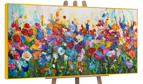 YS-Art Abstrakt Acryl Gemälde auf Leinwand Blumige Farben handgemalt Wandbilder Wohnzimmer modern Wohndekor Bild Blumen Weide Wiese bunt echte Kunst 140x70 cm von YS