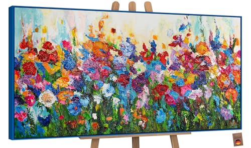 YS-Art Abstrakt Acryl Gemälde auf Leinwand Blumige Farben handgemalt Wandbilder Wohnzimmer modern Wohndekor Bild Blumen Weide Wiese bunt echte Kunst 160x80 cm von YS