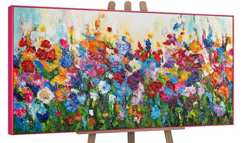 YS-Art Abstrakt Acryl Gemälde auf Leinwand Blumige Farben handgemalt Wandbilder Wohnzimmer modern Wohndekor Bild Blumen Weide Wiese bunt echte Kunst 200x100 cm von YS