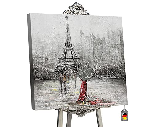 YS-Art Abstrakt Acryl Gemälde auf Leinwand Frankreich handgemalt Wandbild Wohnzimmer modern Wohndekor Bild schwarz weiß Rot Eiffelturm echte Kunst 90x90 cm von YS