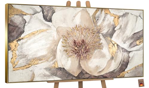 YS-Art Abstrakt Acryl Gemälde auf Leinwand Malve handgemalt Wandbilder Wohnzimmer modern Wohndekor Bilder Büro Praxis Beige Blumen Blüte echte Kunst mit Rahmen 120x60 cm von YS