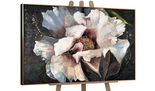 YS-Art Abstrakt Acryl Gemälde auf Leinwand Pfingstrose II handgemalt Wandbilder Wohnzimmer modern Wohndekor Bilder Büro Blumen Blüte Rose echte Kunst mit Rahmen 120x80 cm von YS