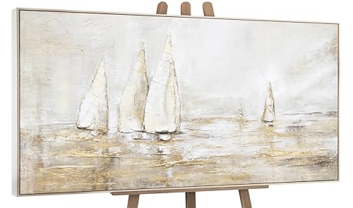 YS-Art Abstrakt Acryl Gemälde auf Leinwand Sonnenblendung handgemalt Wandbilder Wohnzimmer modern Wohndekor Bilder Büro Segelboote im Meer echte Kunst mit Rahmen 140x70 cm von YS