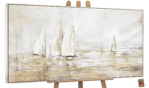 YS-Art Abstrakt Acryl Gemälde auf Leinwand Sonnenblendung handgemalt Wandbilder Wohnzimmer modern Wohndekor Bilder Büro Segelboote im Meer echte Kunst mit Rahmen 160x80 cm von YS