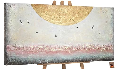 YS-Art Abstrakt Acryl Gemälde auf Leinwand Sonnenenergie handgemalt Wandbilder Wohnzimmer modern Wohndekor Bilder Büro Horizont Vögel echte Kunst 160x80 cm von YS