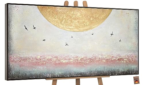 YS-Art Abstrakt Acryl Gemälde auf Leinwand Sonnenenergie handgemalt Wandbilder Wohnzimmer modern Wohndekor Bilder Büro Horizont Vögel echte Kunst mit Rahmen 120x60 cm von YS