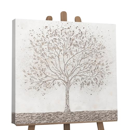 YS-Art Abstrakt Acryl Gemälde auf Leinwand Stammbaum handgemalt Wandbilder Wohnzimmer modern Wohndekor Bilder Büro Praxis weiß grau Baum echte Kunst 80x80 cm von YS