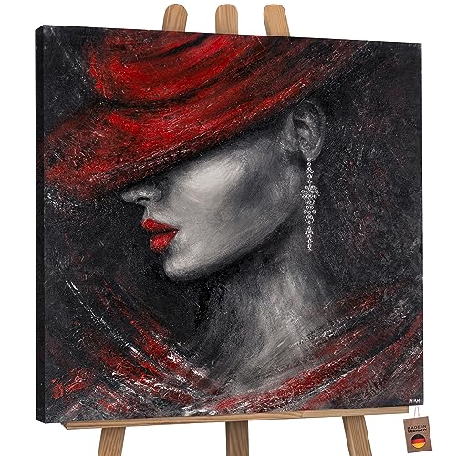 YS-Art Abstrakt Acryl Gemälde auf Leinwand Stil handgemalt Wandbild Wohnzimmer modern Wohndekor Bild grau rot verführerische Frau mit Hut echte Kunst 90x90 cm von YS