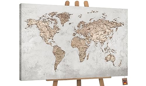 YS-Art Abstrakt Acryl Gemälde auf Leinwand Weltkarte handgemalt Wandbilder Wohnzimmer modern Wohndekor Design Bild grau Gold Welt Karte echte Kunst 120x80 cm von YS