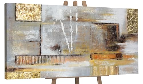 YS-Art Abstrakt Acryl Gemälde auf Leinwand goldene Abstraktion handgemalt Wandbilder Wohnzimmer modern Jugendstil Wohndekor Bilder Büro echte Kunst 100x50 cm von YS