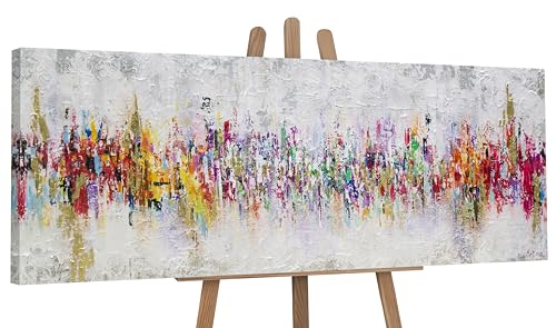 YS-Art Abstrakt Acryl Gemälde auf Leinwand handgemalt Abstraktion II Wandbilder Wohnzimmer moderne farbenfrohe Skyline Wohndekor Bilder echte Kunst 180x60 cm von YS