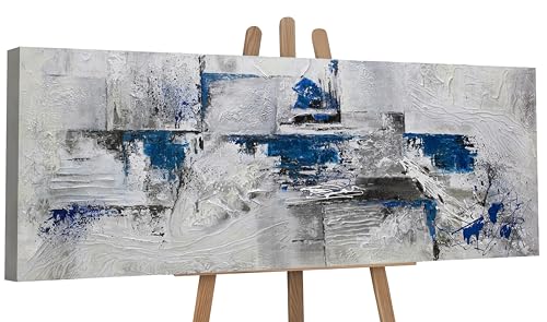YS-Art Abstrakt Acryl Gemälde auf Leinwand handgemalt Abstraktion III Wandbilder Wohnzimmer moderne grau blaue Apartment Wohndekor Bilder echte Kunst 150x50 cm von YS