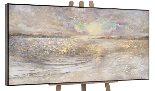 YS-Art Abstrakt Acryl Gemälde auf Leinwand handgemalt Meer Dämmerung Wandbilder Wohnzimmer Moderne kraftvolle Natur Wohndekor Bilder echte Kunst mit Rahmen 200x100 cm von YS