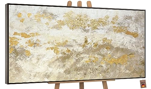 YS-Art Abstrakt Acryl Gemälde auf Leinwand handgemalt mit Blattgold glänzendes Gold Wandbilder Wohnzimmer moderne Wohndekor Bilder Büro echte Kunst mit Rahmen 140x70 cm von YS