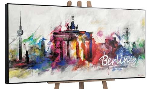 YS-Art Abstrakt Design Acryl Gemälde auf Leinwand Berlin handgemalt Wandbilder Wohnzimmer modern Wohndekor Bilder Büro Hauptstadt bunt echte Kunst mit Rahmen 200x100 cm von YS