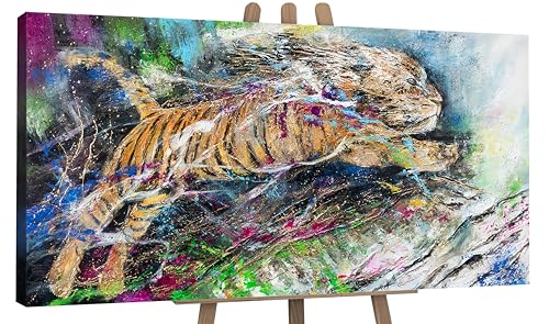 YS-Art Abstrakt Design Acryl Gemälde auf Leinwand Energie handgemalt Wandbilder Wohnzimmer modern Wohndekor Bilder Büro Kinderzimmer Tiger echte Kunst 120x60 cm von YS