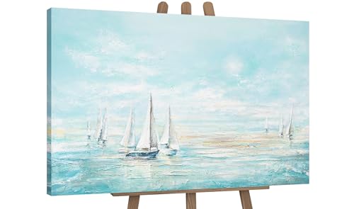 YS-Art Abstrakt Design Acryl Gemälde auf Leinwand Meeresblau handgemalt Wandbilder Wohnzimmer modern Wohndekor Bilder Büro Segelboote echte Kunst 120x80 cm von YS
