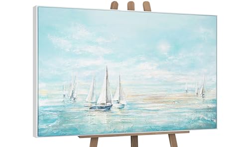 YS-Art Abstrakt Design Acryl Gemälde auf Leinwand Meeresblau handgemalt Wandbilder Wohnzimmer modern Wohndekor Bilder Büro Segelboote echte Kunst mit Rahmen 120x80 cm von YS
