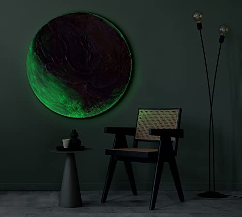 YS-Art Abstrakt Fluoreszierendes leuchtendes Acryl 3D Gemälde auf runder Leinwand Uranus handgemalt Wohnzimmer modern Wohndekor Bild grün echte Kunst 100 cm von YS