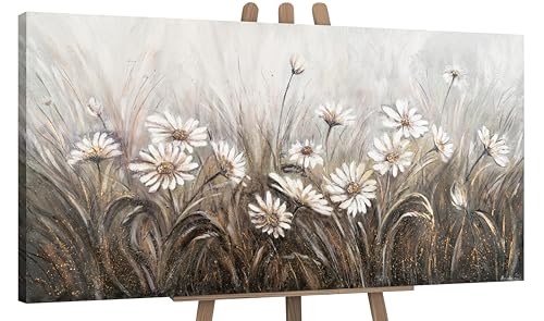 YS-Art Abstrakt Stil Acryl Gemälde auf Leinwand Gänseblümchen handgemalt Wandbilder Wohnzimmer modern Wohndekor Blumen Weide Bilder echte Kunstwerke gerahmt 100x50 cm von YS