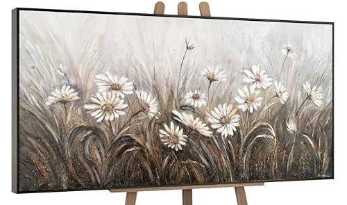 YS-Art Abstrakt Stil Acryl Gemälde auf Leinwand Gänseblümchen handgemalt Wandbilder Wohnzimmer modern Wohndekor Blumen Weide Bilder echte Kunstwerke gerahmt mit Rahmen 140x70 cm von YS