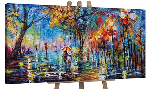 YS-Art Abstrakt Stil Acryl Gemälde auf Leinwand Herbstliche Allee handgemalt Wandbilder Wohnzimmer modern Wohndekor Bilder echte warme Kunstwerke gerahmt 160x80 cm von YS