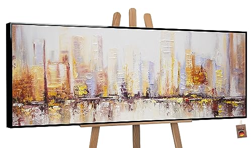 YS-Art Abstrakt Stil Acryl Gemälde auf Leinwand Megapolis Großstadt handgemalt Wandbilder Wohnzimmer modern Wohndekor Bilder Büro echte Kunstwerke gerahmt mit Rahmen 150x50 cm von YS