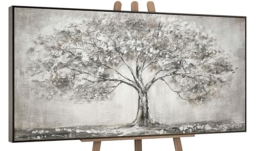 YS-Art Acryl Gemälde auf Leinwand handgemalt Lebensbaum Abstrakte Kunst Bilder Wohnzimmer Wandbilder modern mit grau Farben Grauen Farben mit Rahmen 140x70 cm von YS