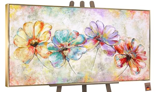 YS-Art Acryl Gemälde auf Leinwand handgemalt schöne Blumen Leinwandbild Abstrakt bunte Farben Wanddeko Wohnzimmer modern Wohndekor Büro Kunst mit Rahmen 100x50 cm von YS